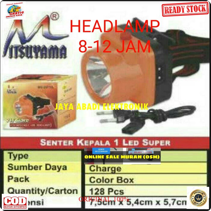 G197 Mitsuyama original headlamp senter kepala pala lampu led lamp cas casan baterai putih sinar cahaya terang charge G197  TAHAN MAXSIMAL 10 JAM  Tersedia warna lampu: - Putih  Senter Kepala Mitsuyama dengan cahaya sangat terang, baterai internal lithium