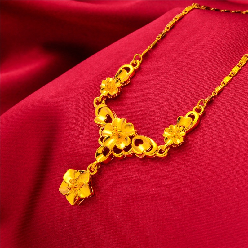 Kalung Rantai Desain Bunga Lapis Emas Bahan Kuningan Gaya Korea Untuk Wanita