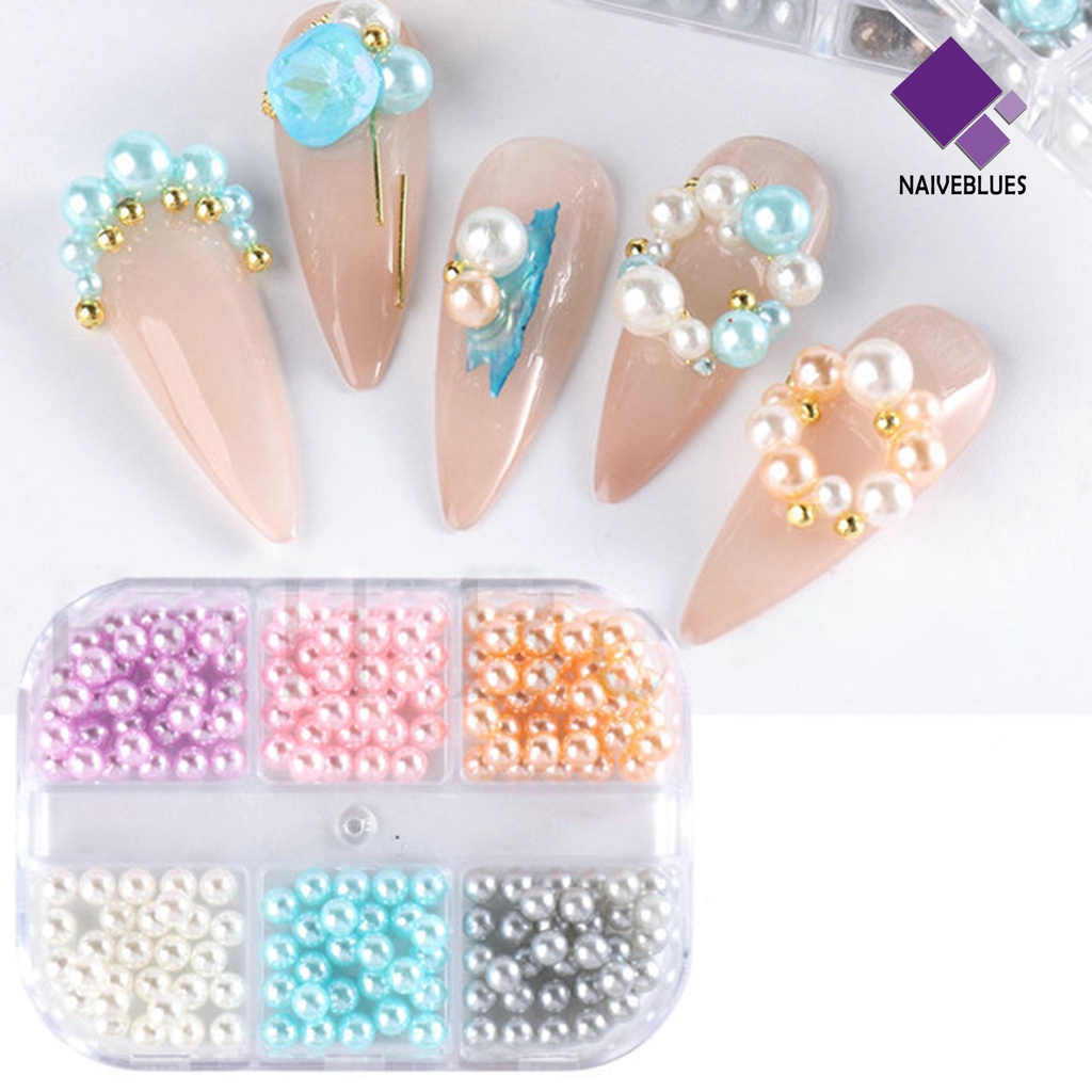 Naiveblue 1 Kotak Manik-Manik Mutiara Imitasi 3D Bahan ABS Warna-Warni Untuk Dekorasi Nail Art