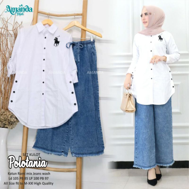 BEST SELLER setelan tunik dewasa set celana panjang kulot jeans POLOTANIA bahan katun rami mix jeans