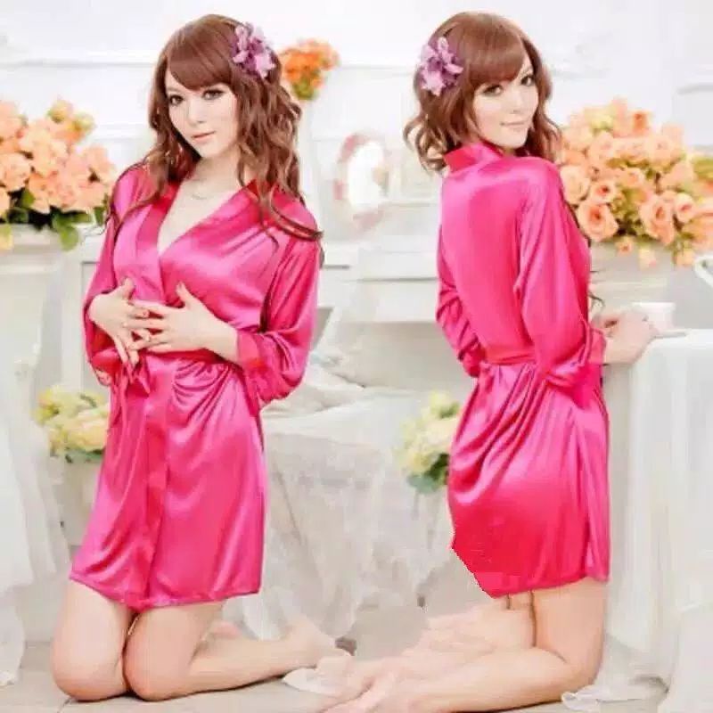 Lingerie Set Sexy G-string Model Kimono Bahan Satin Import