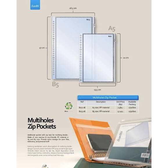 

Multi Holes Zip Pocket Bantex untuk Binder B5