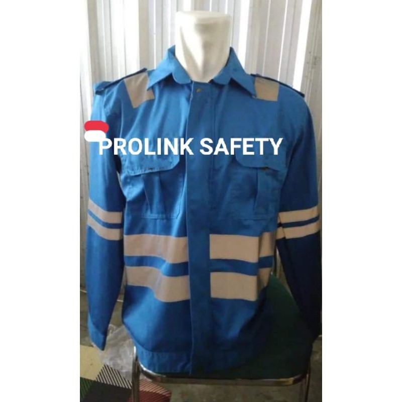 SERAGAM SAFETY BIRU BENHUR KANCING DAN RESLETING FREE LOGO K3 BENDERA