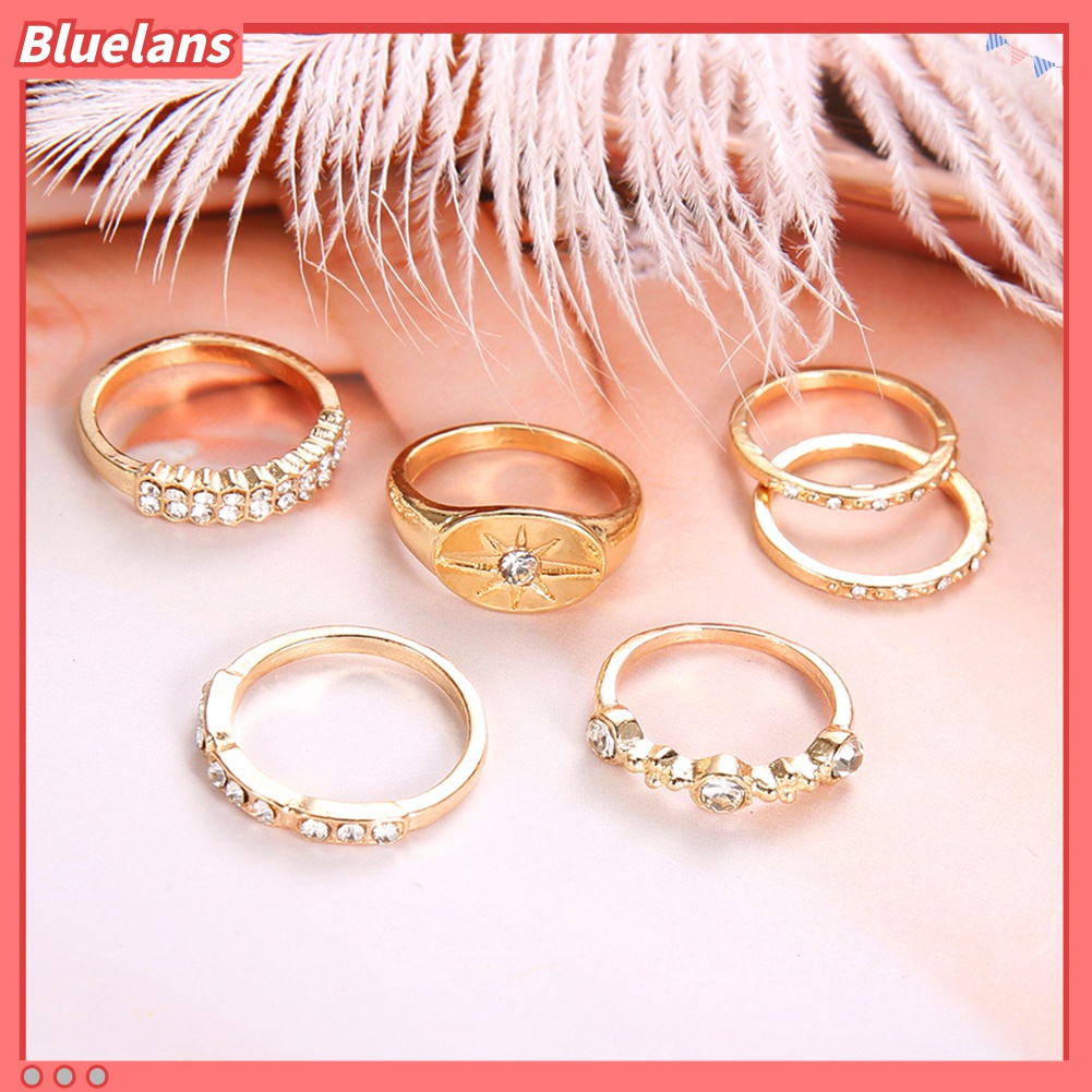 6pcs / Set Cincin Jari Bentuk Matahari Aksen Berlian Imitasi Untuk Wanita