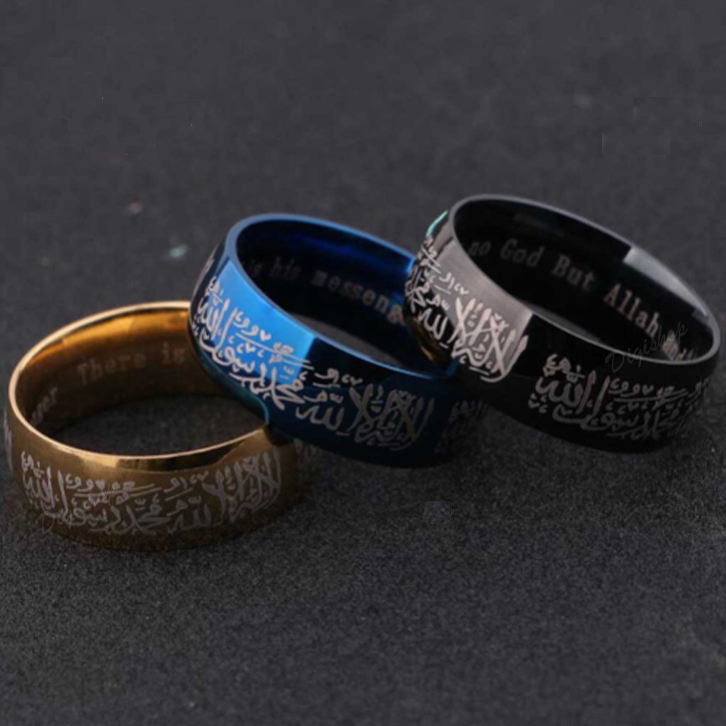 8mm Cincin Tauhid Muslim Pria Wanita Anti Karat Warna Emas Biru Silver Hitam Islami Kaligrafi Hadiah-5