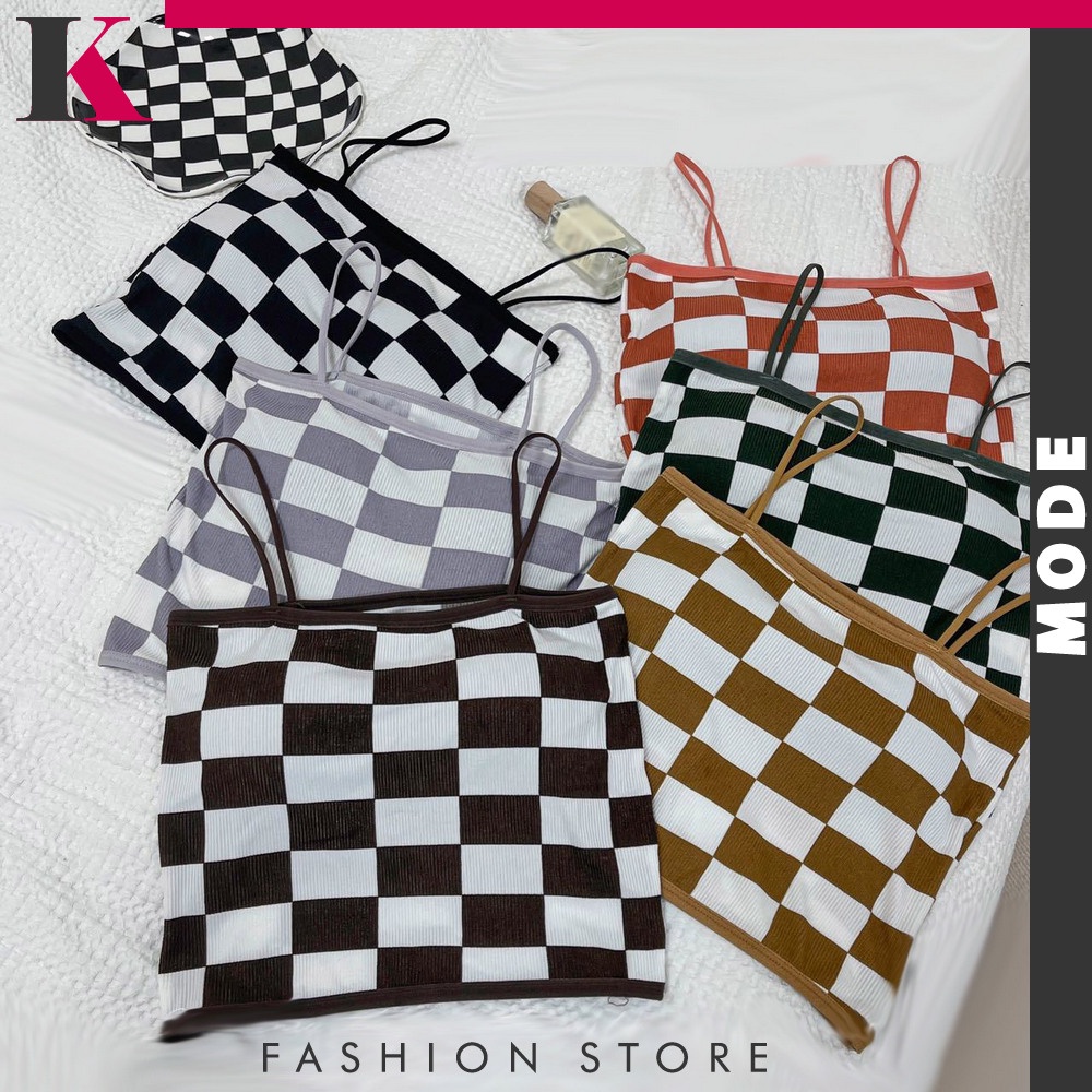 Tanktop Wanita Motif Catur Kotak-Kotak Tanpa Lengan / Crop Top Tengtop Atasan Wanita Bahan Rajut Tan