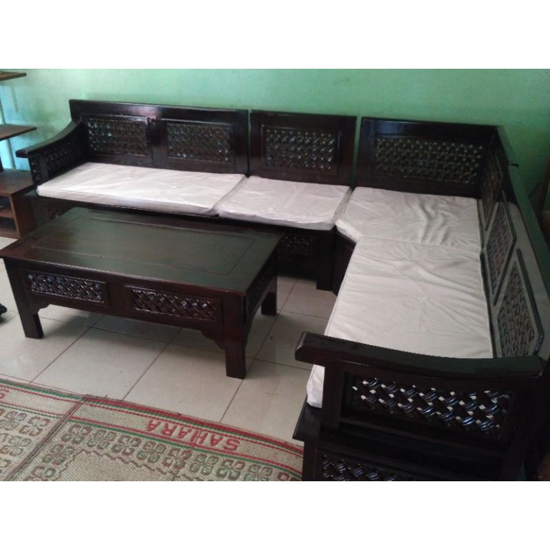 Kursi Tamu Sudut Kepang Kayu Jati Lengkap Dudukan Busa | Kursi Tamu Kayu Jati Jepara