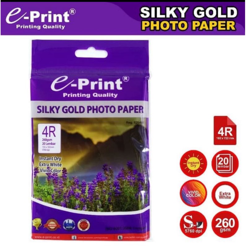 kertas foto E-print 4R SILKY GOLD isi 20 lembar/foto 4R silky dof