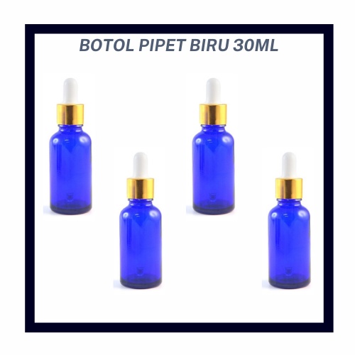 Botol Pipet Murah - Botol Kaca Warna Biru 30 ML - Botol Kaca Tutup Putih Ring Gold - Botol Serbaguna