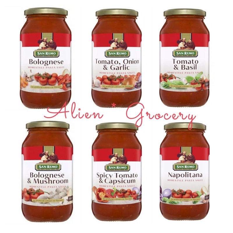 

SAN REMO Sauce Saus Pasta Bolognese Mushroom Napolitana Spicy Tomato Basil Onion Garlic Capsicum 500gr