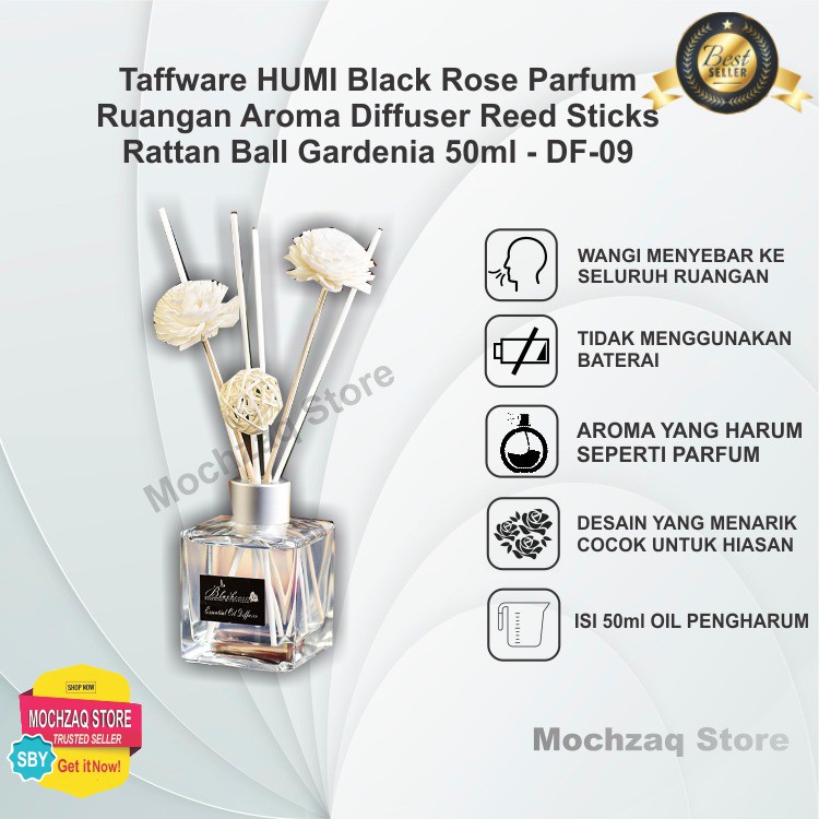 Taffware HUMI Black Rose Parfum Ruangan Aroma Diffuser Reed Sticks Rattan Ball Gardenia 50ml - DF-09