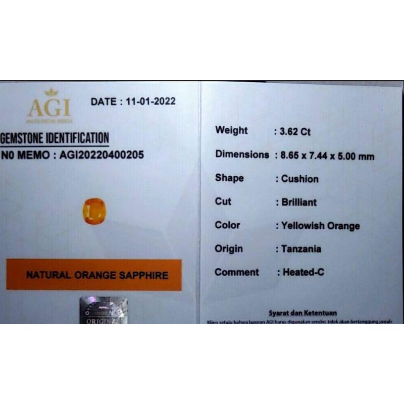 NATURAL ORANGE SAPPHIRE CORUNDUM MEMO AGI GEMS LAB