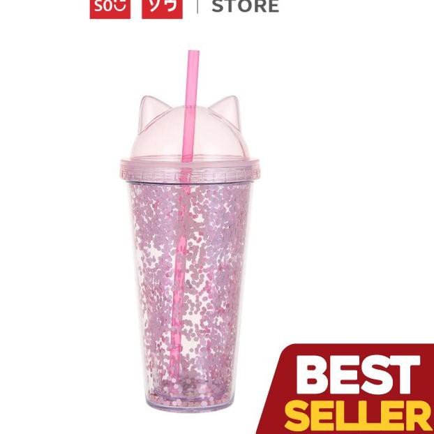 Menarik.. Miniso Official Water bottle/botol minum Cat Ears Gliterry Tumbler With Straw