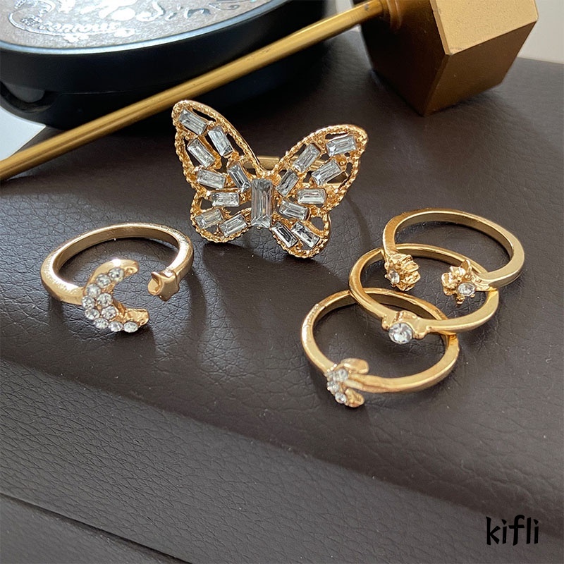 Korea Cincin Berlian Baru,Bintang Bulan Kupu-kupu,Cincin Wanita Kreatif,Aksesoris Fashion Sederhana