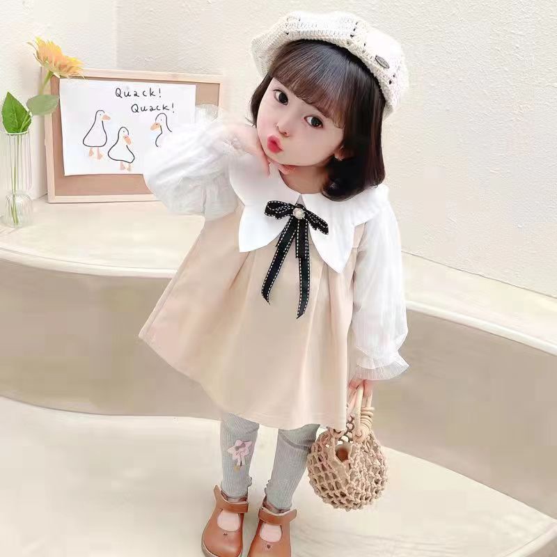 KF CAT Setelan anak perempuan import/ Set anak cewek baju kerah pita + celana legging korea casual style untuk 1 -5 tahun-Cream