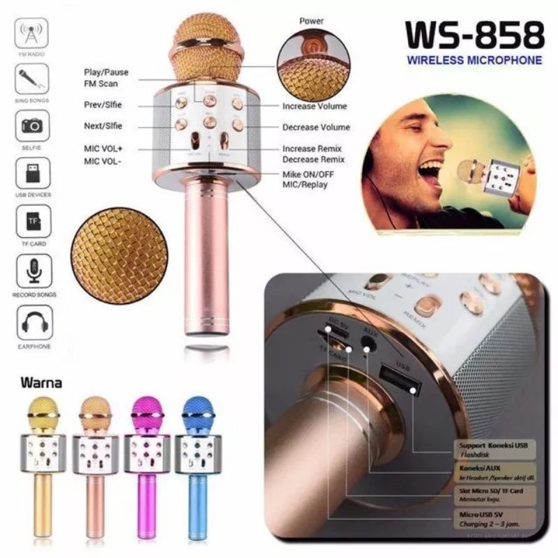 Microphone Bluetooth WS858 Mic Karaoke Wireless WS 858 Mikrofon KTV