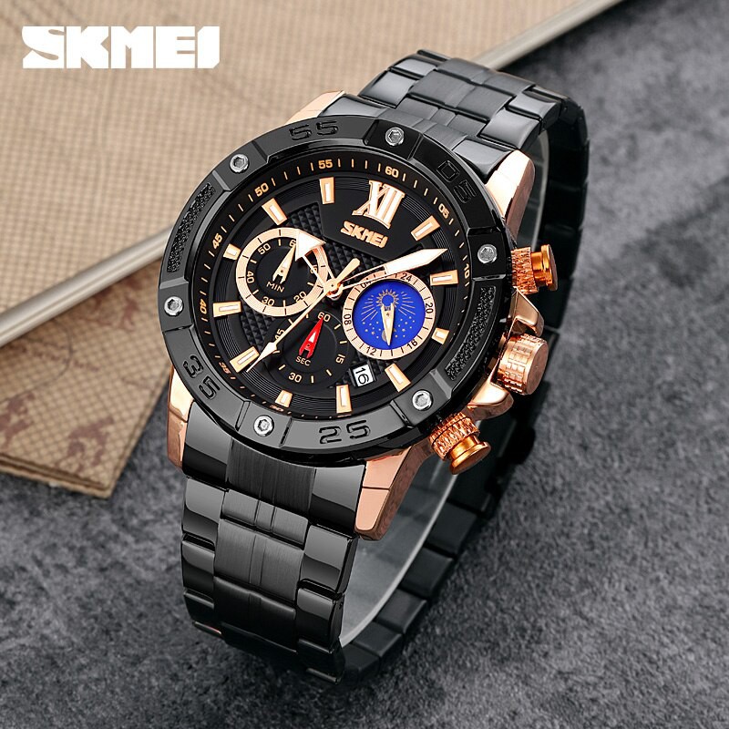 SKMEI 9235 Jam Tangan Pria Analog Chronograph Casual Quartz Tali Stainless WATCHKITE WKOS