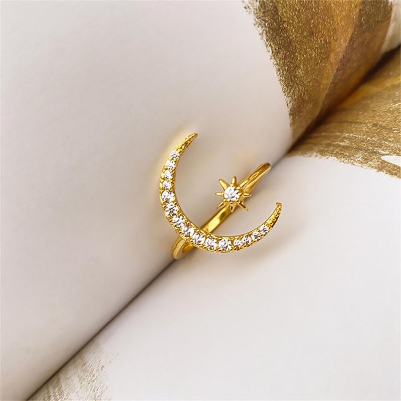 Cincin Wanita Model Terbuka Desain Bulan Bintang Daun Hias Zircon Gaya Minimalis Menarik Untuk Pestahadiah
