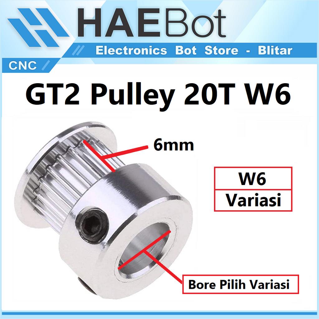 [HAEBOT] GT2 Pulley Timing 20T W6 Bore 3.17 4 5 6 6.35 8 Puley CNC 3D Printer Aluminium Pitch 2mm Gigi