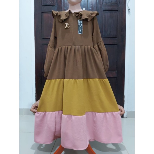 Dress/Tunik midi crincle anak Rainbow kekinian freebros