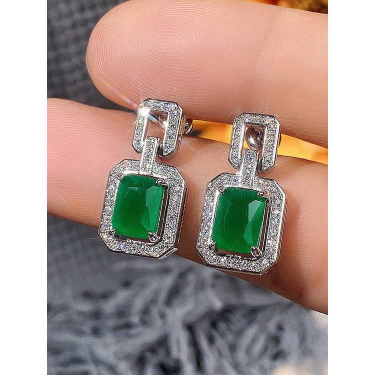 Anting Juntai Cubic Zirconia Bentuk Persegi Warna Hijau Untuk Wanita