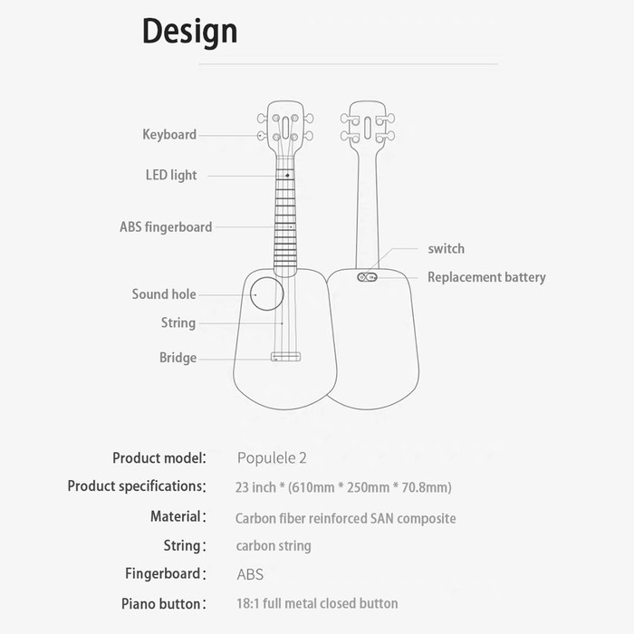 POPULELE 2 SMART UKULELE 4 Strings - Guitar Mini - Guitarlele Gitar