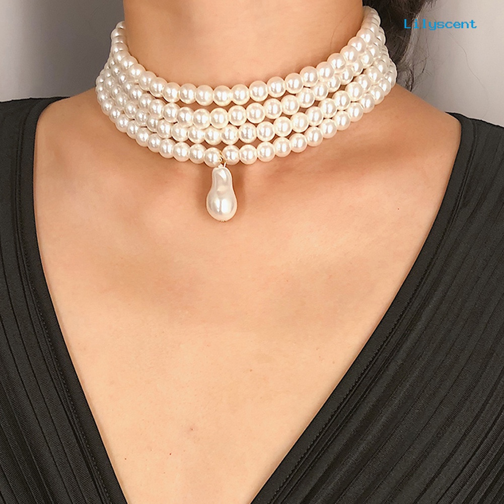 Kalung Choker Multilayer Aksen Mutiara Imitasi Untuk Wanita