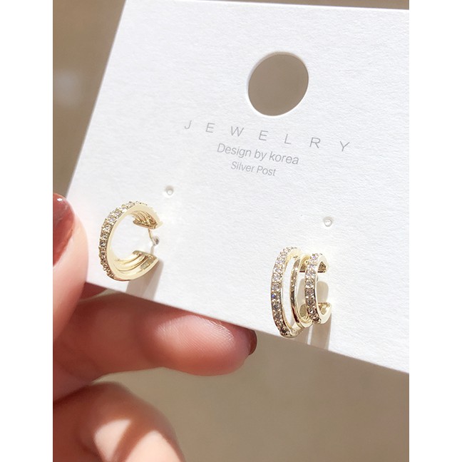 LRC Anting Tusuk Fashion Golden 925 Silver Pin Three-layer Circle Earrings With Micro Diamonds D9881