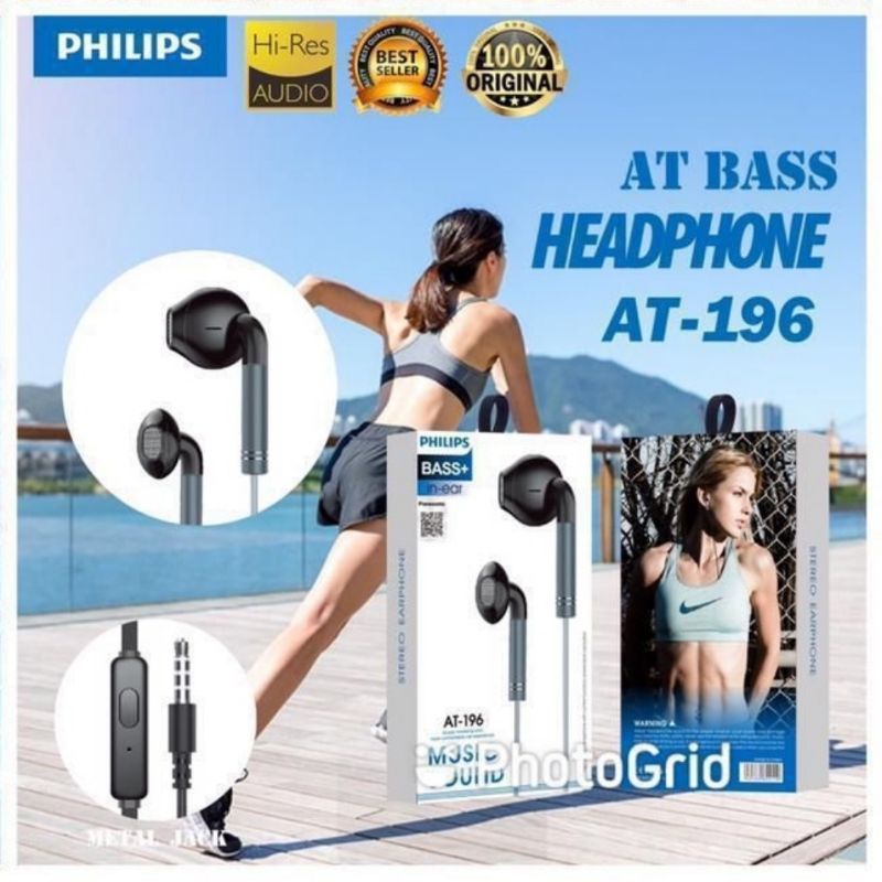 Handsfree Headset Earphone Philips AT-196 Plus Mic Stereo Suara Bagus