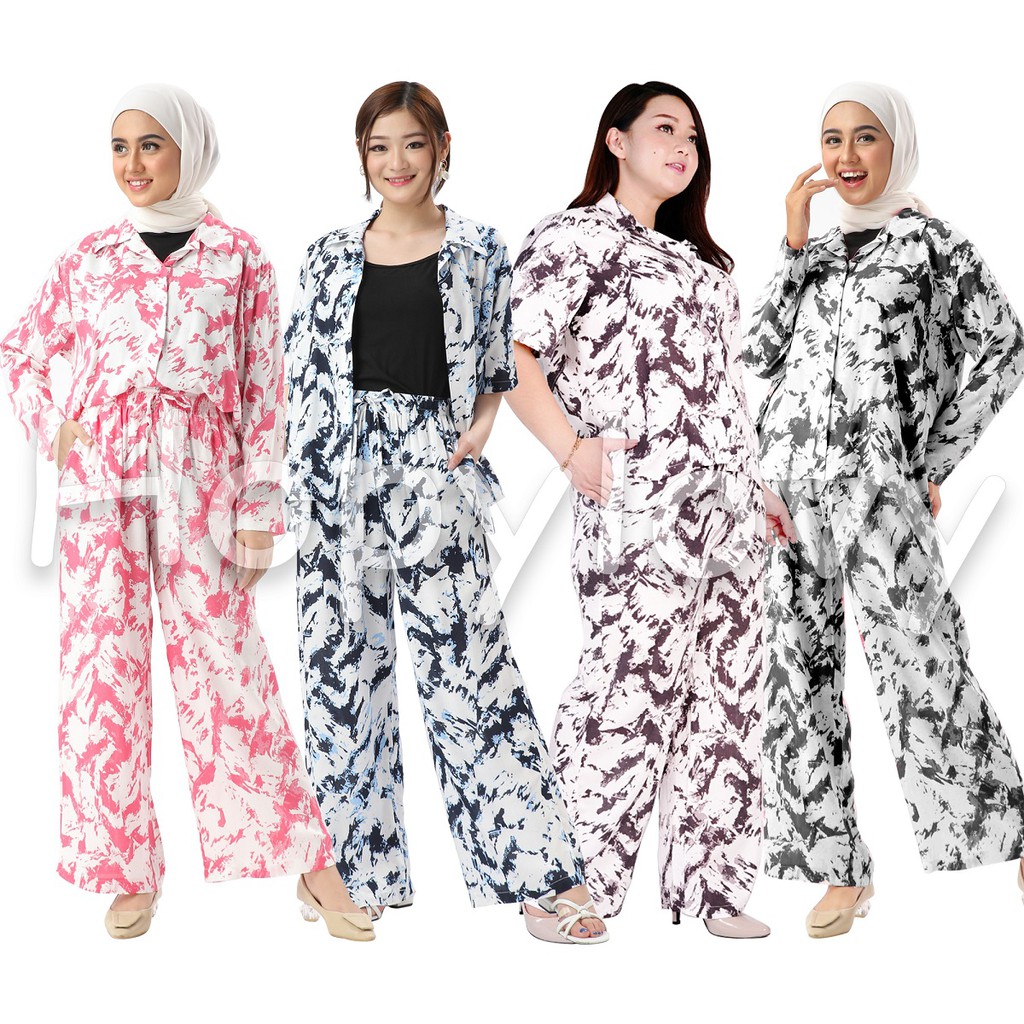 HOPYLOVY - Setelan Wanita Kemeja dan Celana Panjang Motif Tie Dye Kyodai Premium