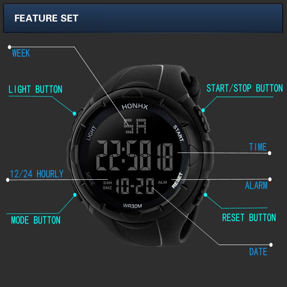 Jam Tangan Elektronik Digital Led Sport Anti Air Untuk Pria / HONHX Jam Tangan Digital Pria