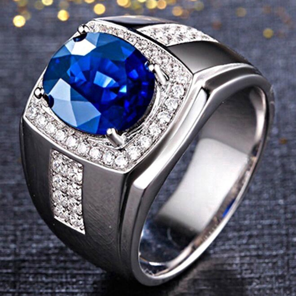 Cincin Perak Pria Wanita Fashion Perhiasan Emas Putih Safir Berlian Kristal Zirkon Biru Diamond Rings