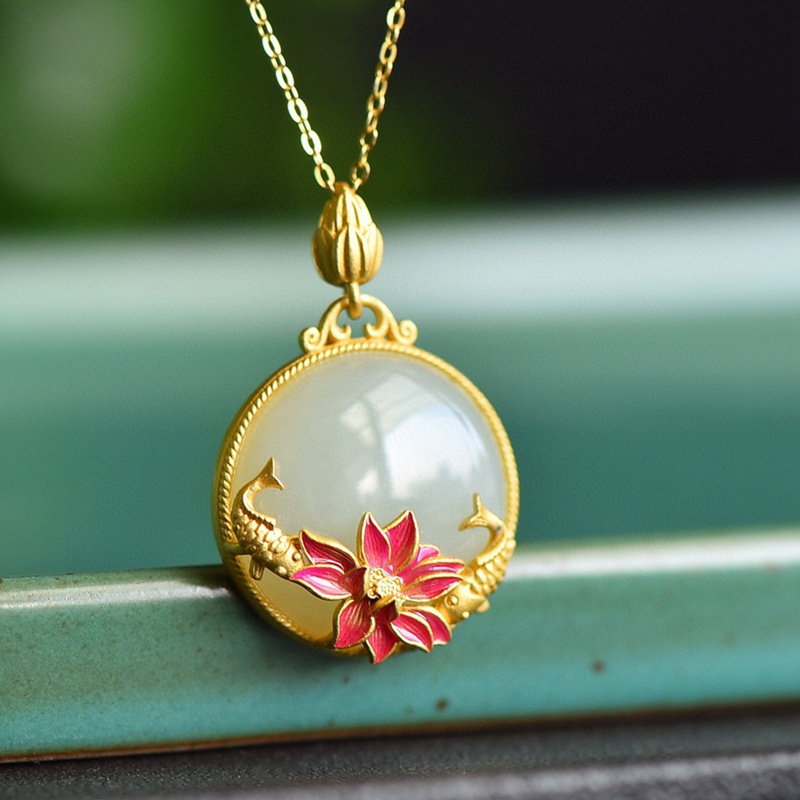 Chinese Style Enamel Color Lotus Flower Elegant Female Charm Hotan White Jade Stone Pendants Necklace Vintage Minorities Jewelry