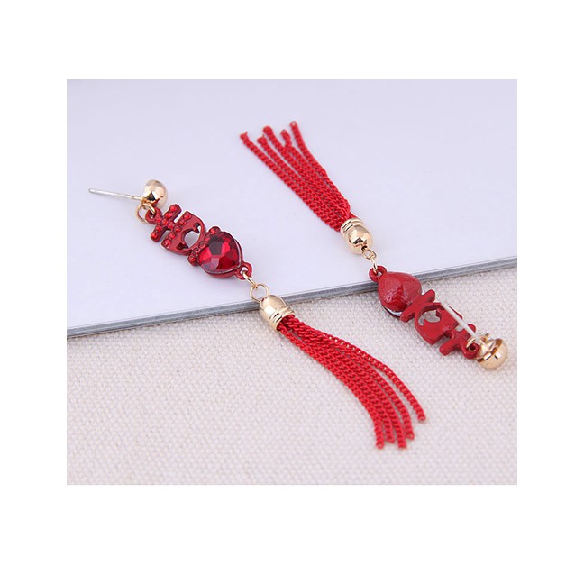 LRC Anting Tusuk Fashion Red 925 Silver Pin Love Tassel Earrings A59877
