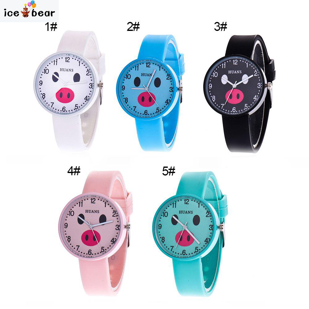 Ice Jam Tangan Quartz Analog Dial Bulat Gambar Kartun Babi Lucu Untuk Anak Perempuan Pelajar