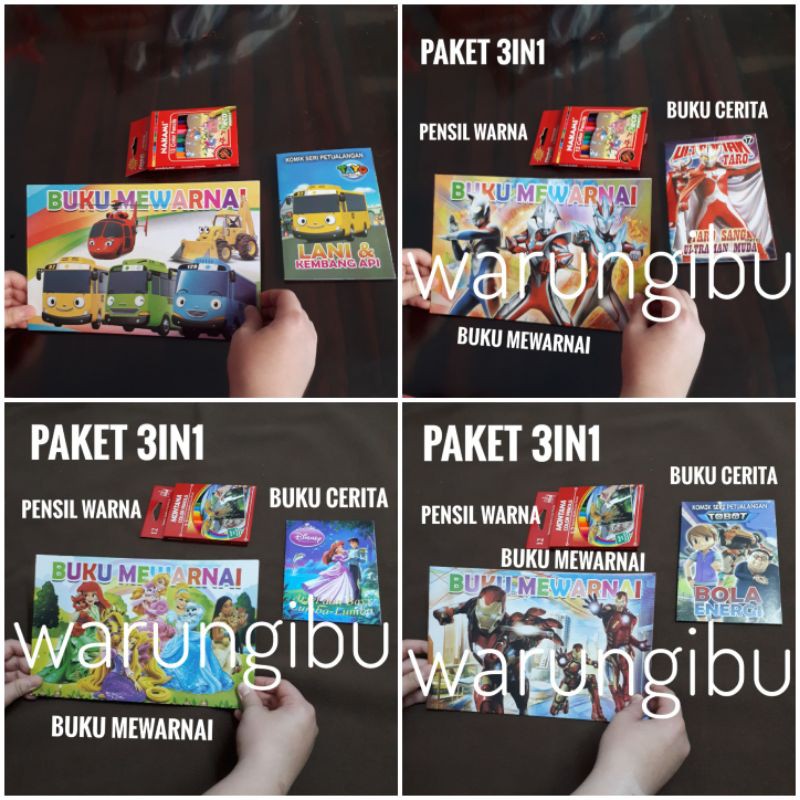 Paket 3in1 Buku Mewarnai Buku Cerita Mini Karakter Ultraman Princess Tayo Iron Man Set Pensil Warna