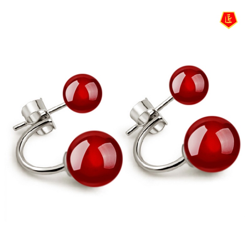 [Ready Stock]Female Silver Simple Elegant Red Agate Ear Studs