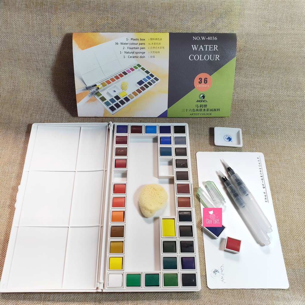 

Maries Solid Watercolor set 36 warna/ water colour Pocket Cat Air Palette Waterbrush Portabel Travel