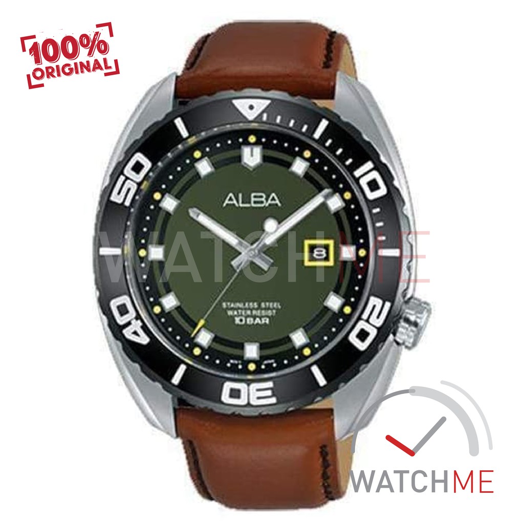 Jam Tangan Pria Alba Analog AG8H49 Green Dial Black 100m Brown Leather Strap Original Garansi Murah