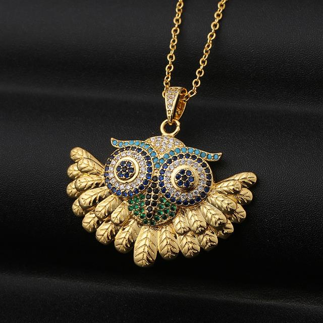 Ornamen aksesoris tembaga warna zircon owl bulu liontin kreatif daun kalung untuk wanita