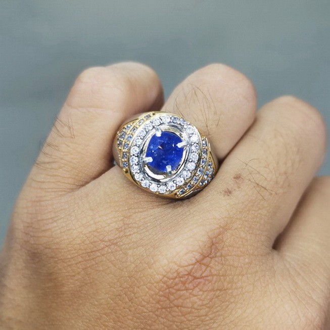 Batu Cincin Cowok Natural Blue Safir Biru Tua Ori