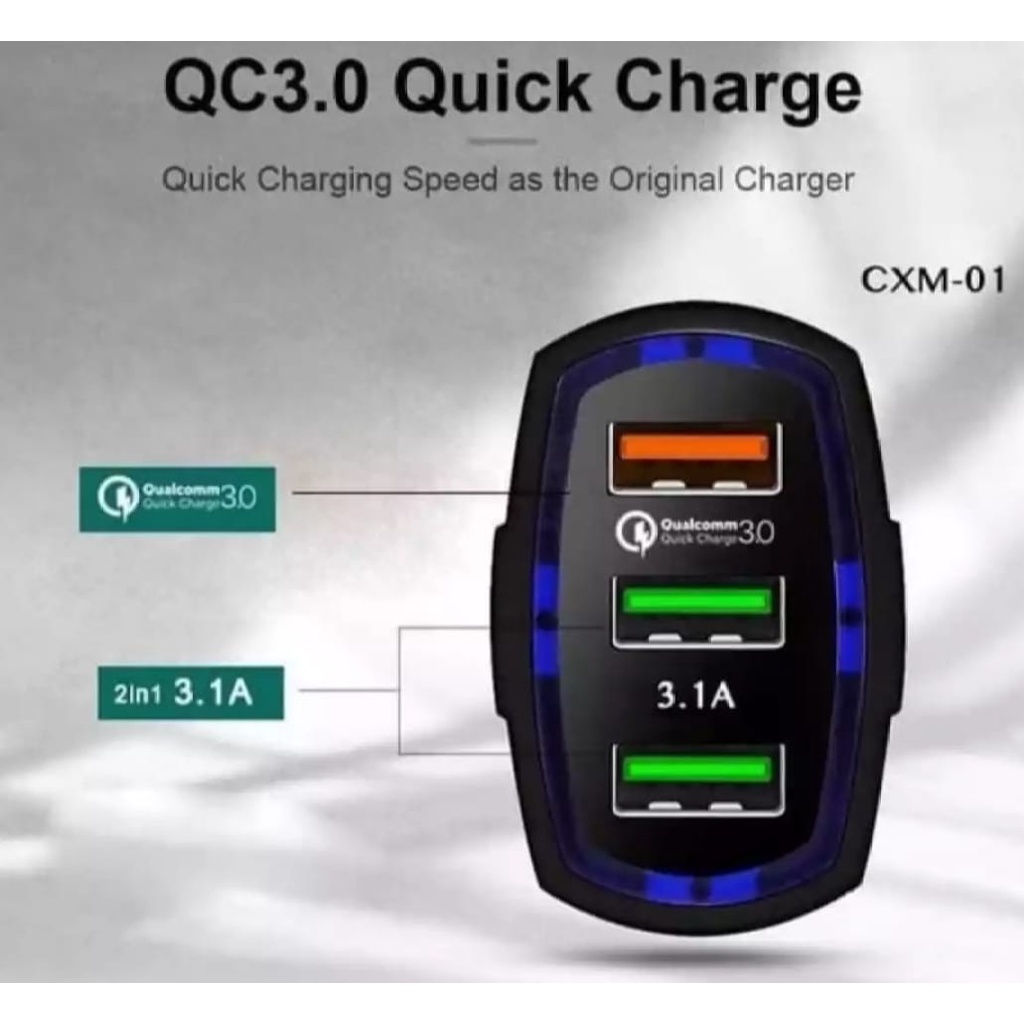 Qualcomm 3.0 Quick Car Charger Fast Charging 3 Port-Batok Saver-Cas hp Mobil Motor-Fast Charging-Quick Charging-Charger Mobil-Batok Charger-3 USB-High Quality