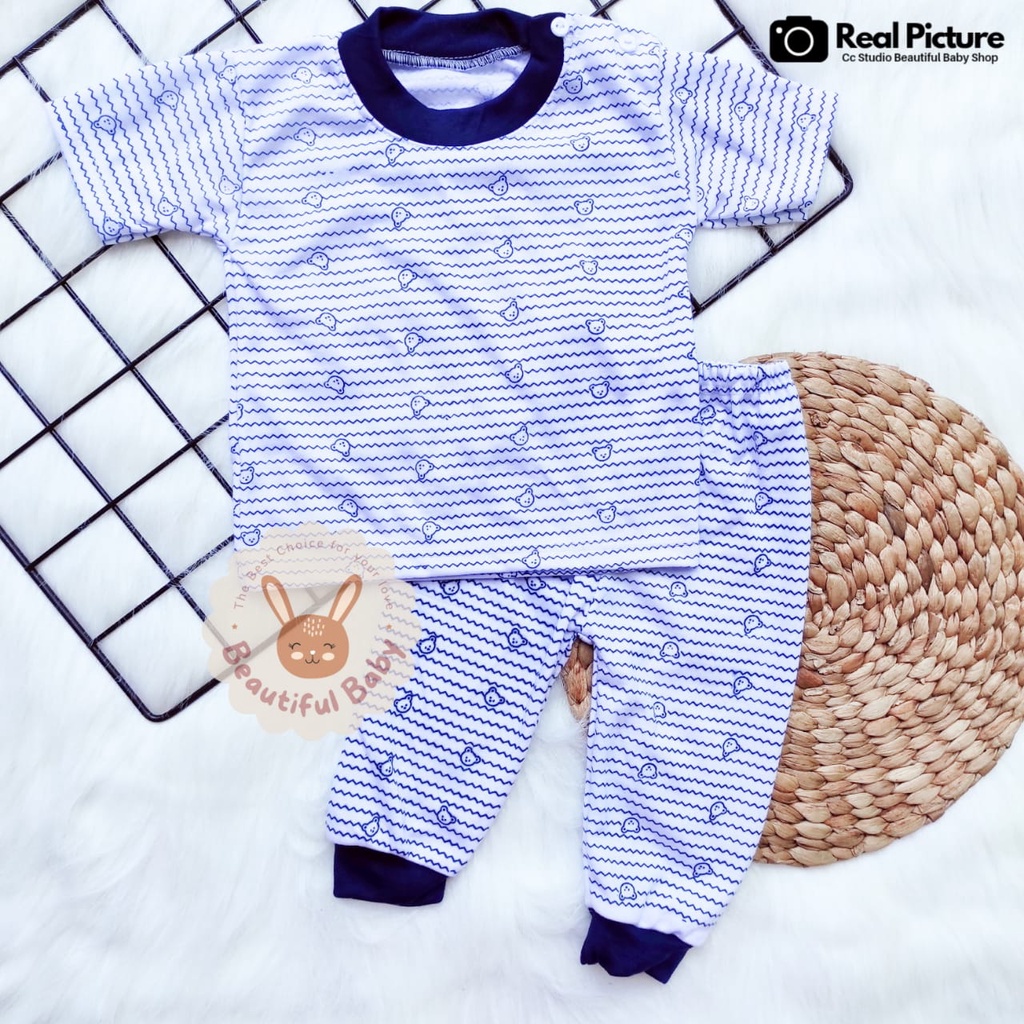 Setelan Baju Bayi Lengan Pendek Celana Panjang / Baju Bayi Pendek Motif Salur Beruang / Celana Bayi Pendek / Kaos &amp; Baju Anak Bayi Kancing Pundak / Baby.ou