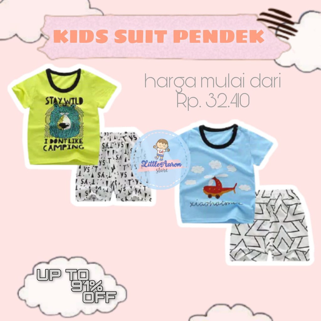 LittleAaron KIDS SUIT PENDEK Setelan Anak Bahan Kaos Lengan + Celana Berkualitas Import 0-3 Tahun ebv