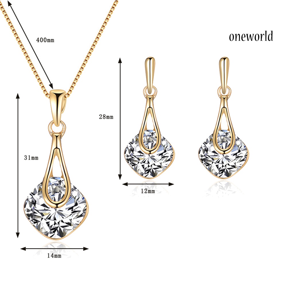 OW@ Water Drop Pendant Square Rhinestone Ear Stud Earrings Necklace Lady Jewelry Set