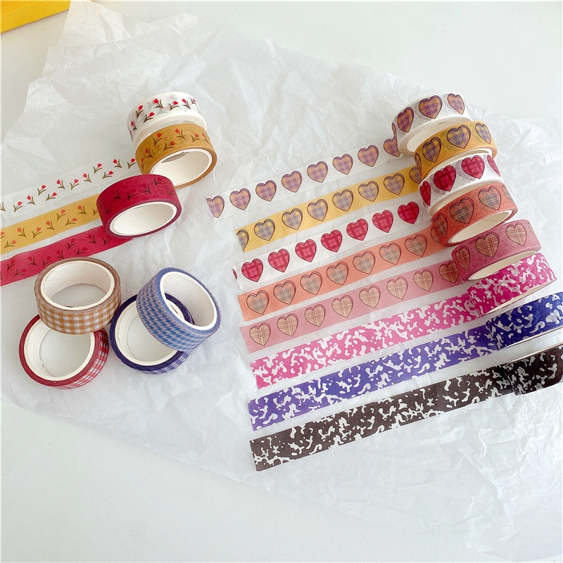 Selotip Washi Motif Kotak-Kotak Susu Hati Tulip Ukuran 5 Meter Untuk Scrapbook Jurnal Diary Diy