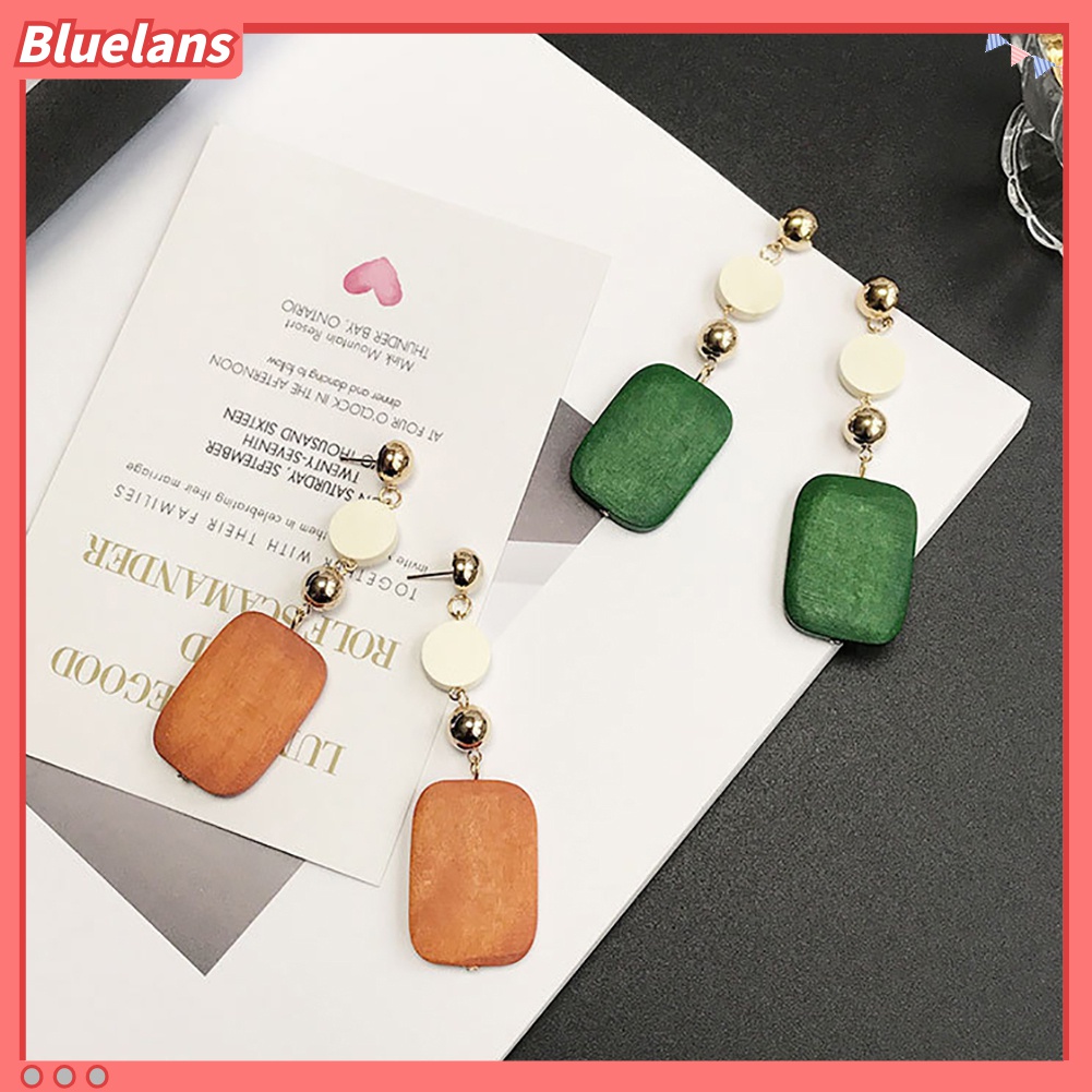Anting Juntai Bentuk Bulat Persegi Geometris Bahan Kayu Gaya Retro Untuk Wanita