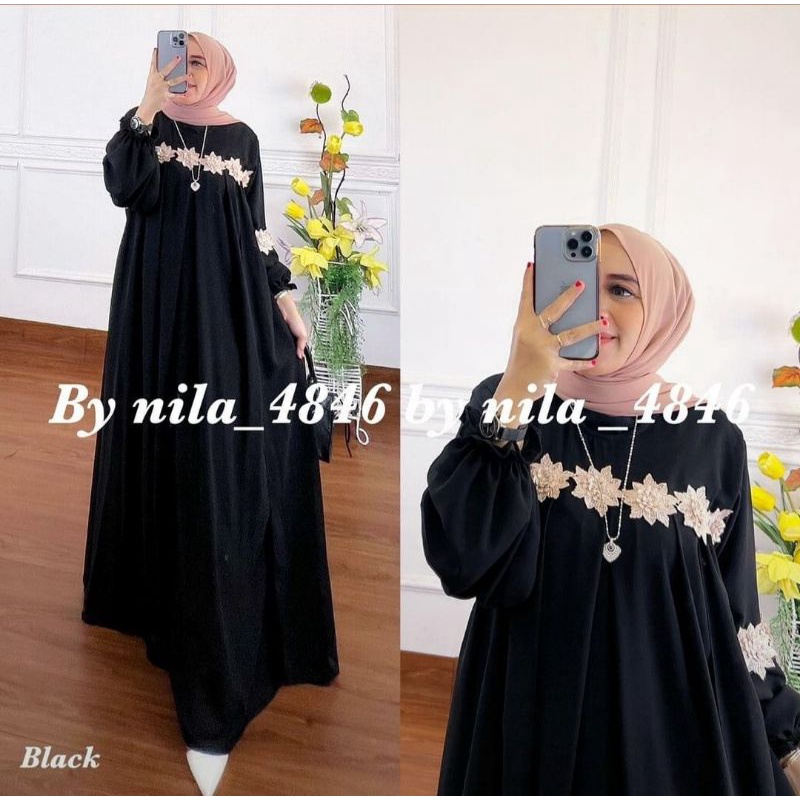 Gamis Fathiyah Dress Bordir Bunga Timbul || Realpict (COD Bayar Ditempat)