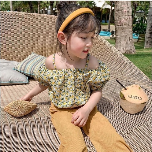 SETELAN STELAN ANAK PEREMPUAN IMPORT Girlset CROP CELANA BUNGA KUNING + CELANA  100-140