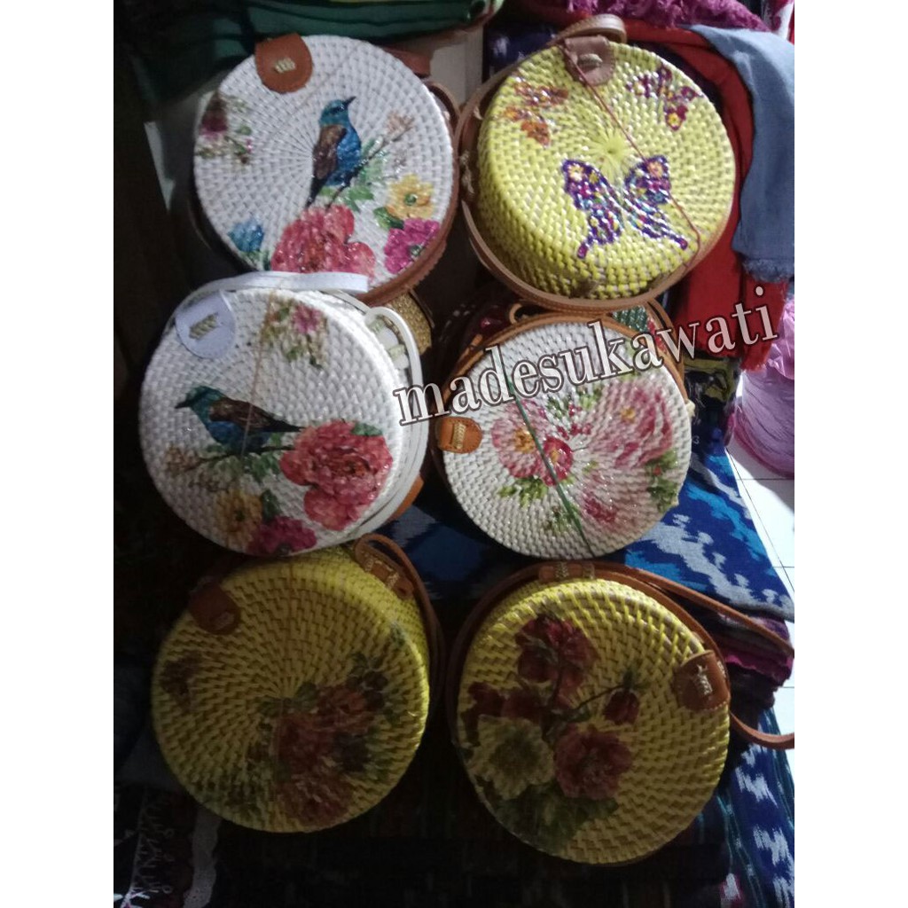 Tas Selempang Rotan Rattan Lukis Bali Diameter 15cm